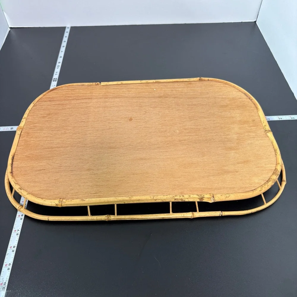 Vintage Bamboo Serving Trays Lot of 7 Tan Woven Rattan Boho Decor Tiki TV Lap